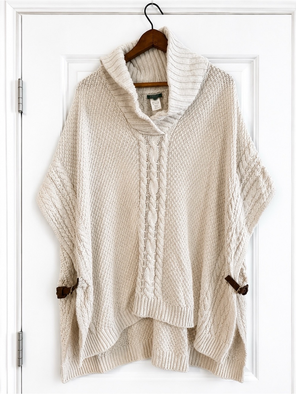 Talbots Wool Blend Cable Knit Poncho Sweater Cape Shawl Large Ivory Buckle Trim